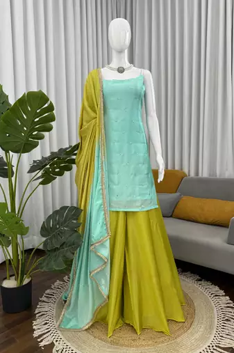 Designer chinon silk palazzo suit set with sequin thread work dupatta for women