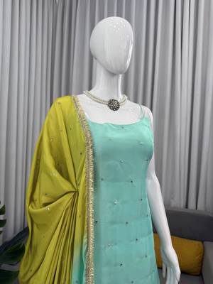 Designer chinon silk palazzo suit set with sequin thread work dupatta for women 3