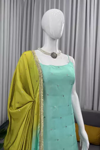 Designer chinon silk palazzo suit set with sequin thread work dupatta for women