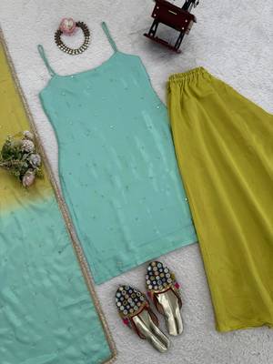 Designer chinon silk palazzo suit set with sequin thread work dupatta for women 4