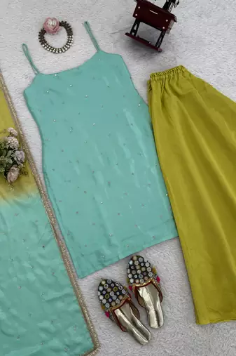 Designer chinon silk palazzo suit set with sequin thread work dupatta for women