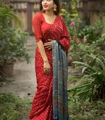 Multicolor printed satin saree with blouse piece