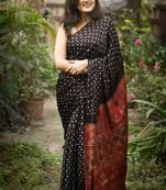 Black printed satin saree with blouse piece