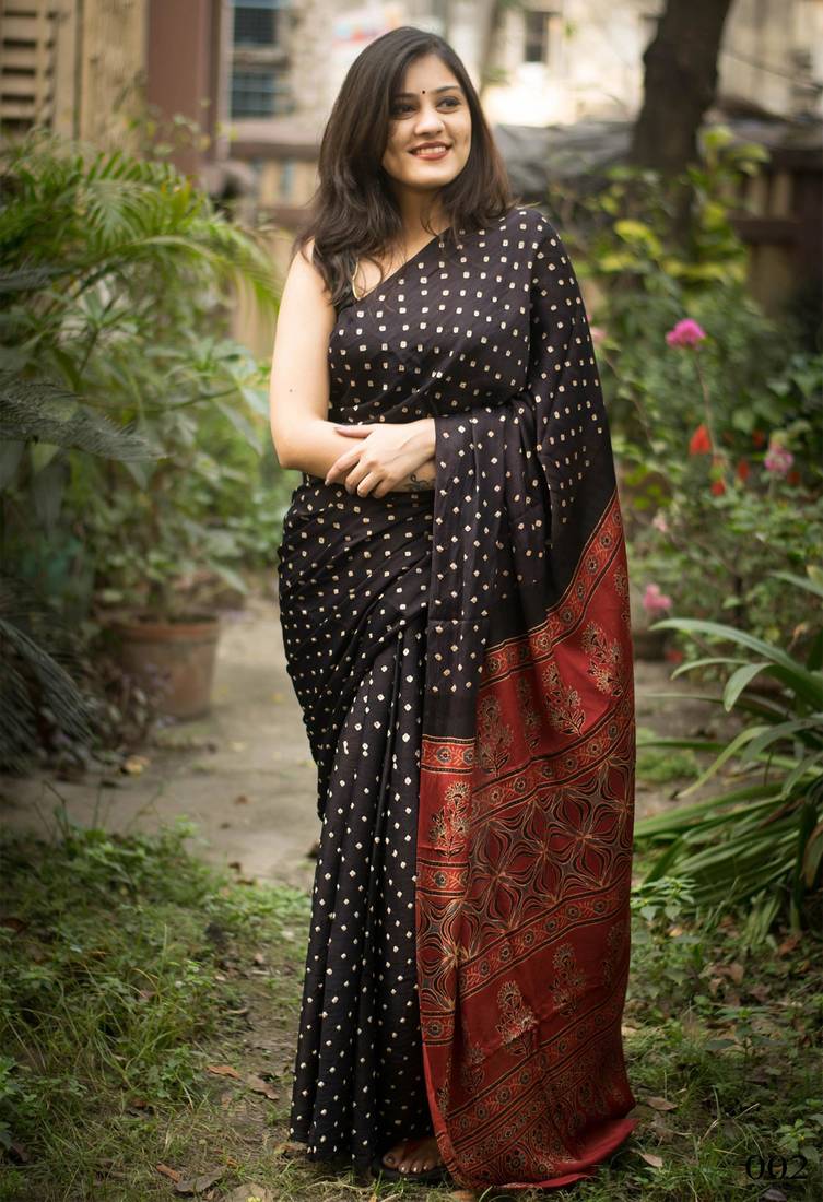 Black printed satin saree with blouse piece
