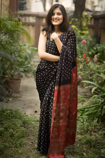 Black printed satin saree with blouse piece