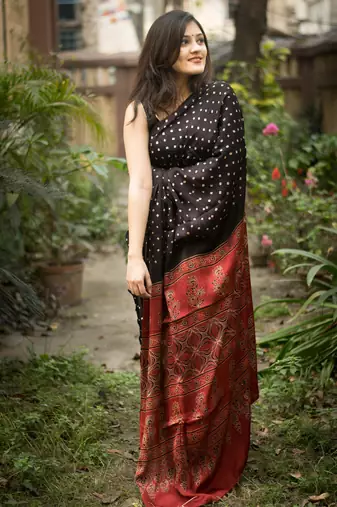 Black printed satin saree with blouse piece