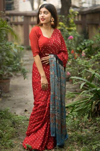 Red printed satin saree with blouse piece