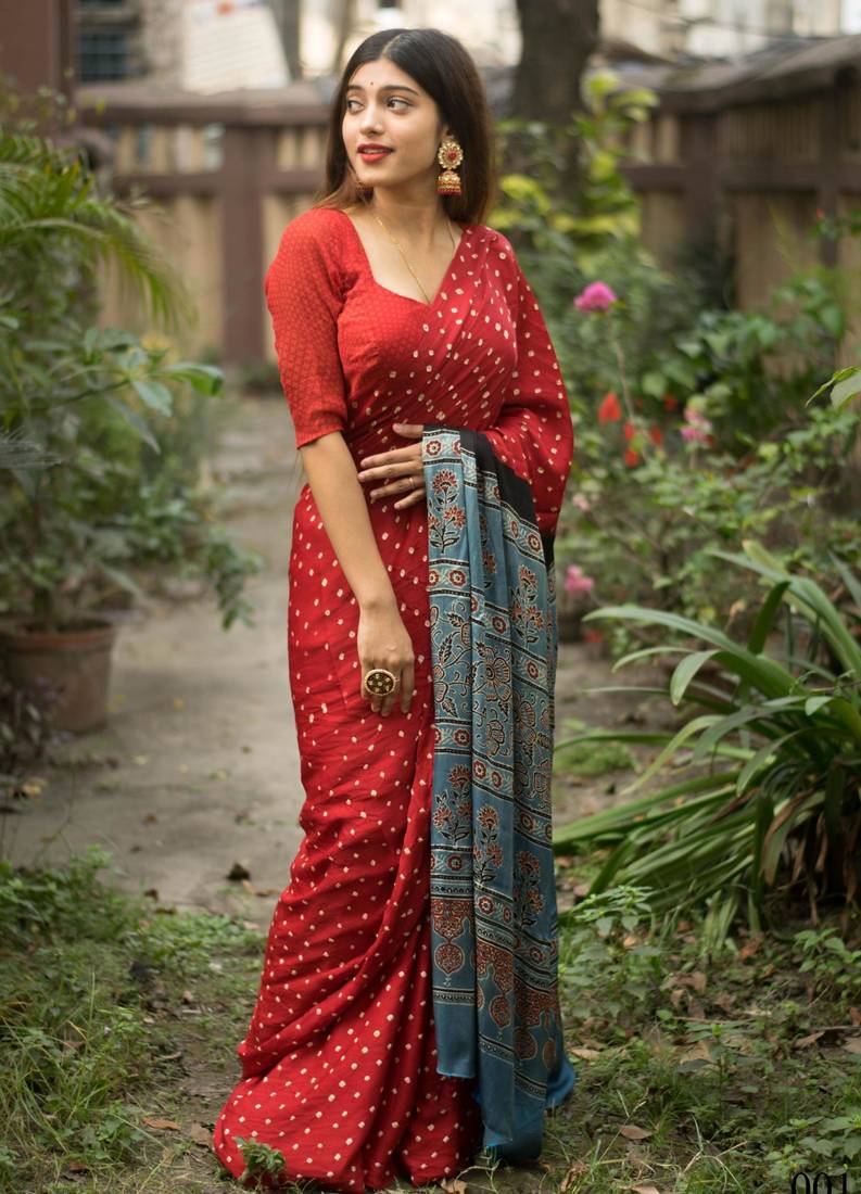 Red printed satin saree with blouse piece