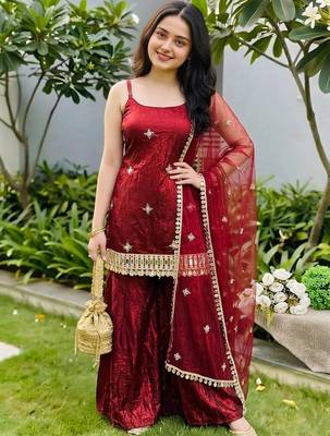 Red embroidery sequin work readymade suit 1