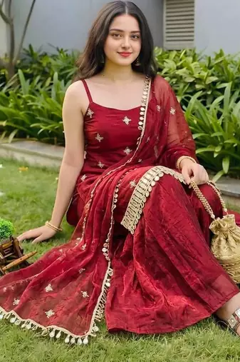 Red embroidery sequin work readymade suit