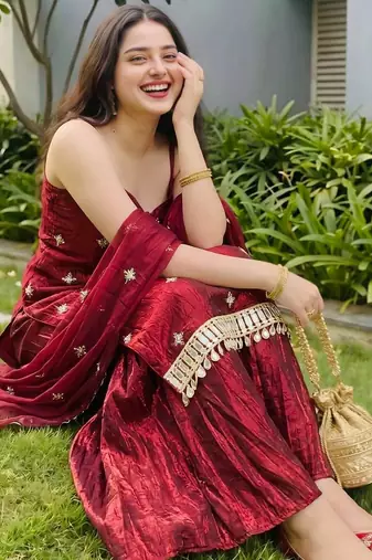 Red embroidery sequin work readymade suit