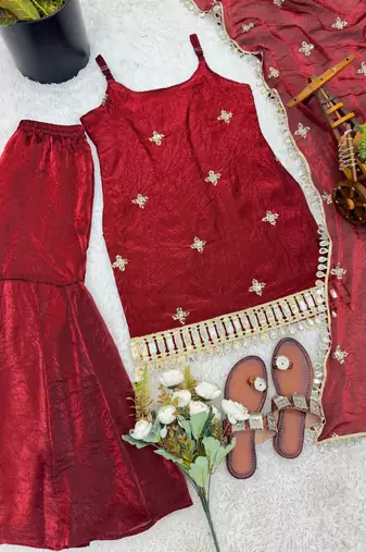 Red embroidery sequin work readymade suit