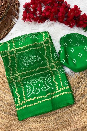 Green bandhani print satin patta designer saree with blouse