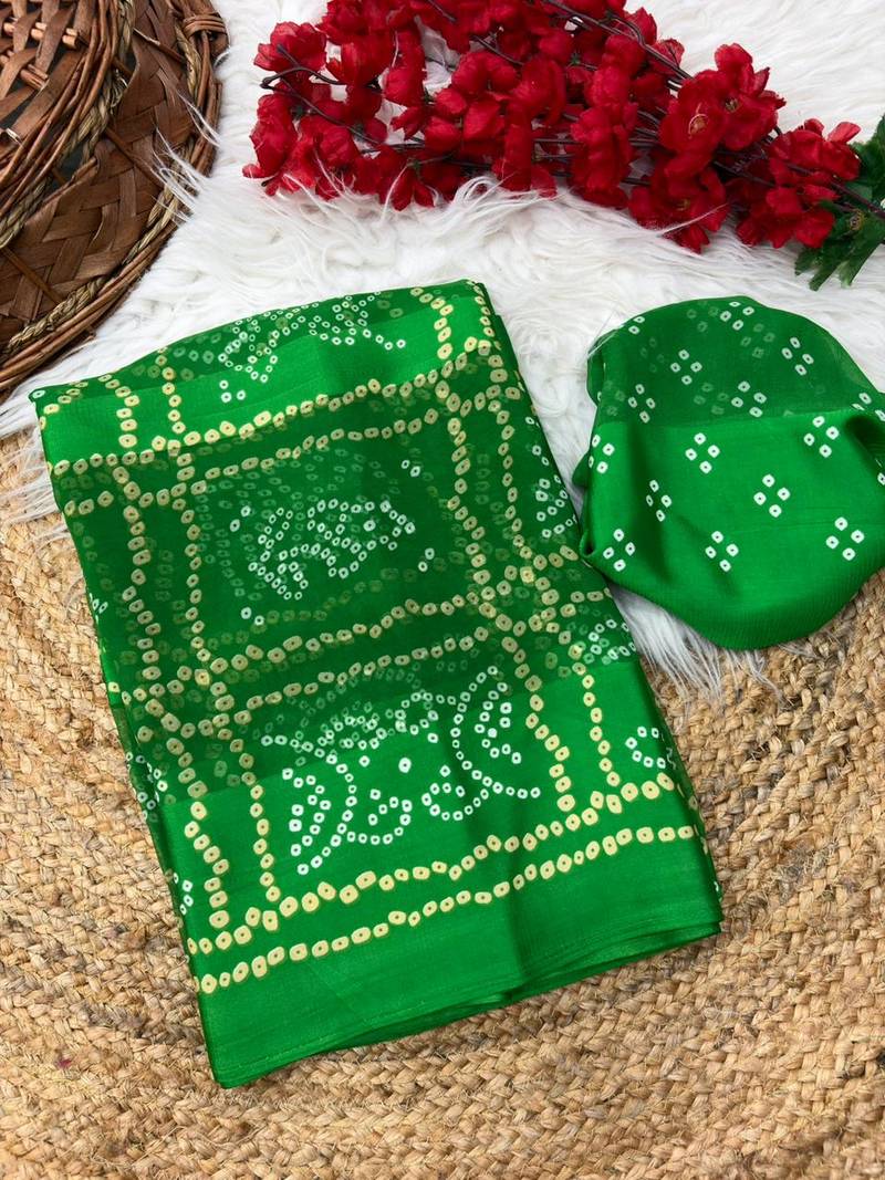 Green bandhani print satin patta designer saree with blouse