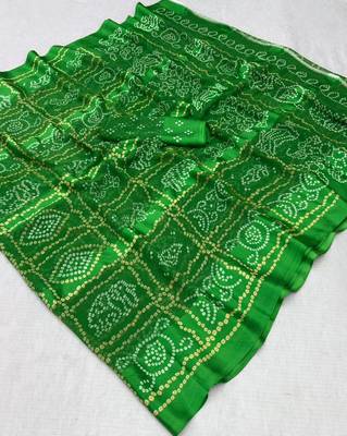 Green bandhani print satin patta designer saree with blouse 2