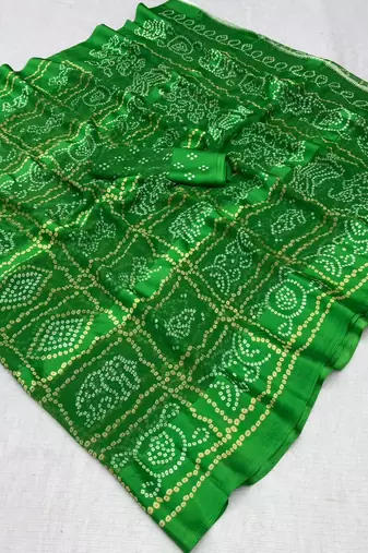 Green bandhani print satin patta designer saree with blouse