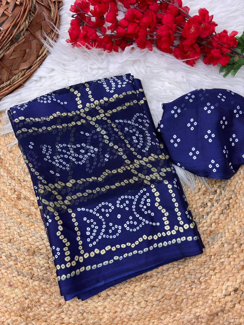 Navy blue bandhani printed satin patta saree with blouse