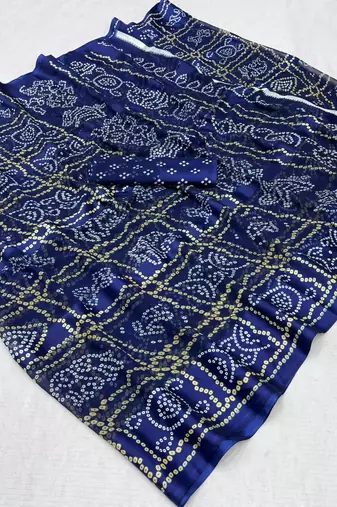 Navy blue bandhani printed satin patta saree with blouse