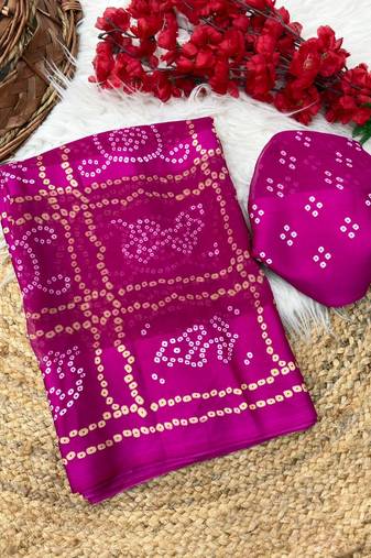 Pink bandhani print satin patta traditional saree with blouse