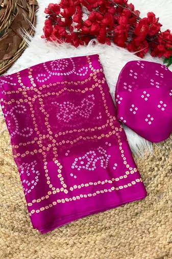 Pink bandhani print satin patta traditional saree with blouse