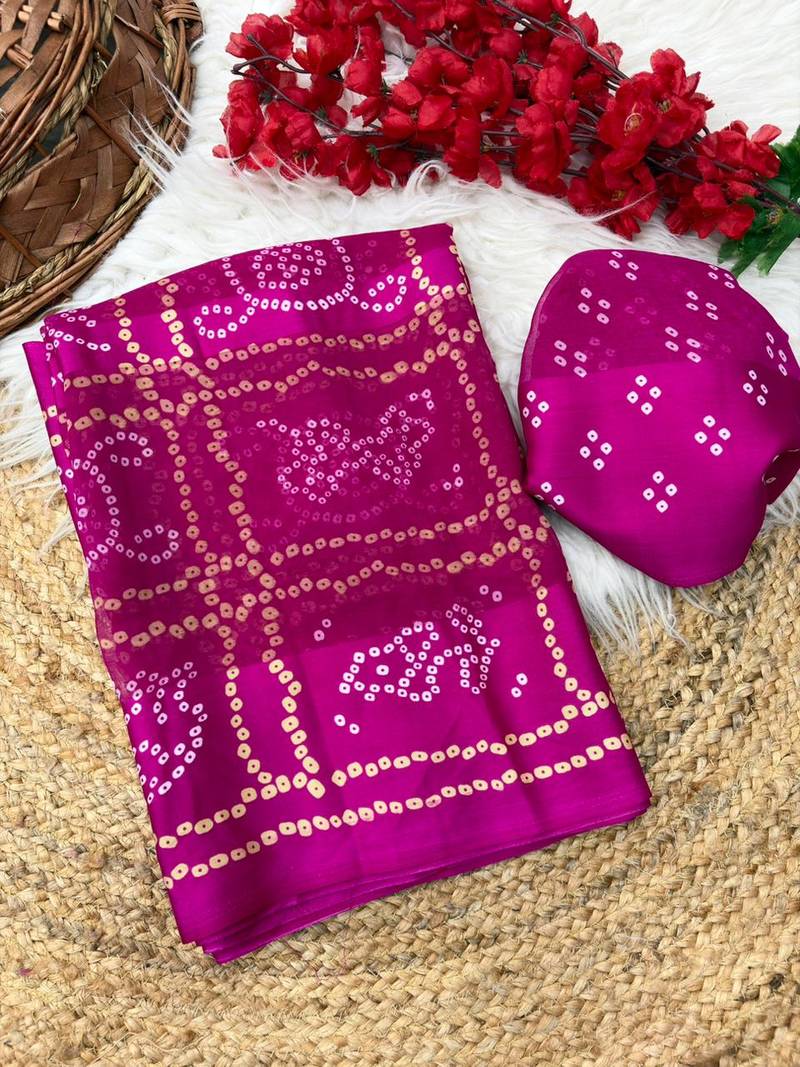 Pink bandhani print satin patta traditional saree with blouse