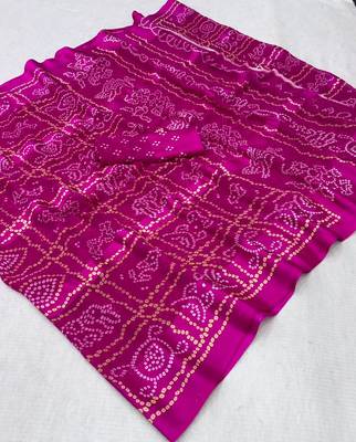 Pink bandhani print satin patta traditional saree with blouse 2