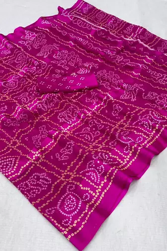 Pink bandhani print satin patta traditional saree with blouse