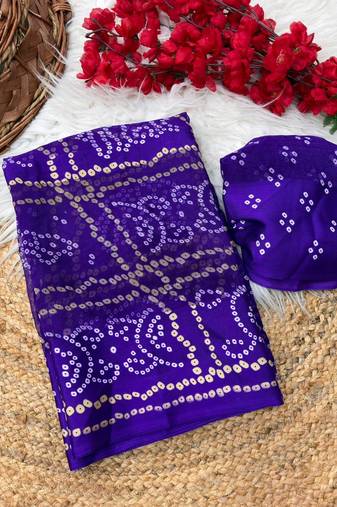 Purple bandhani printed satin patta ethnic saree with blouse