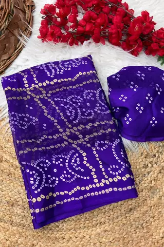 Purple bandhani printed satin patta ethnic saree with blouse