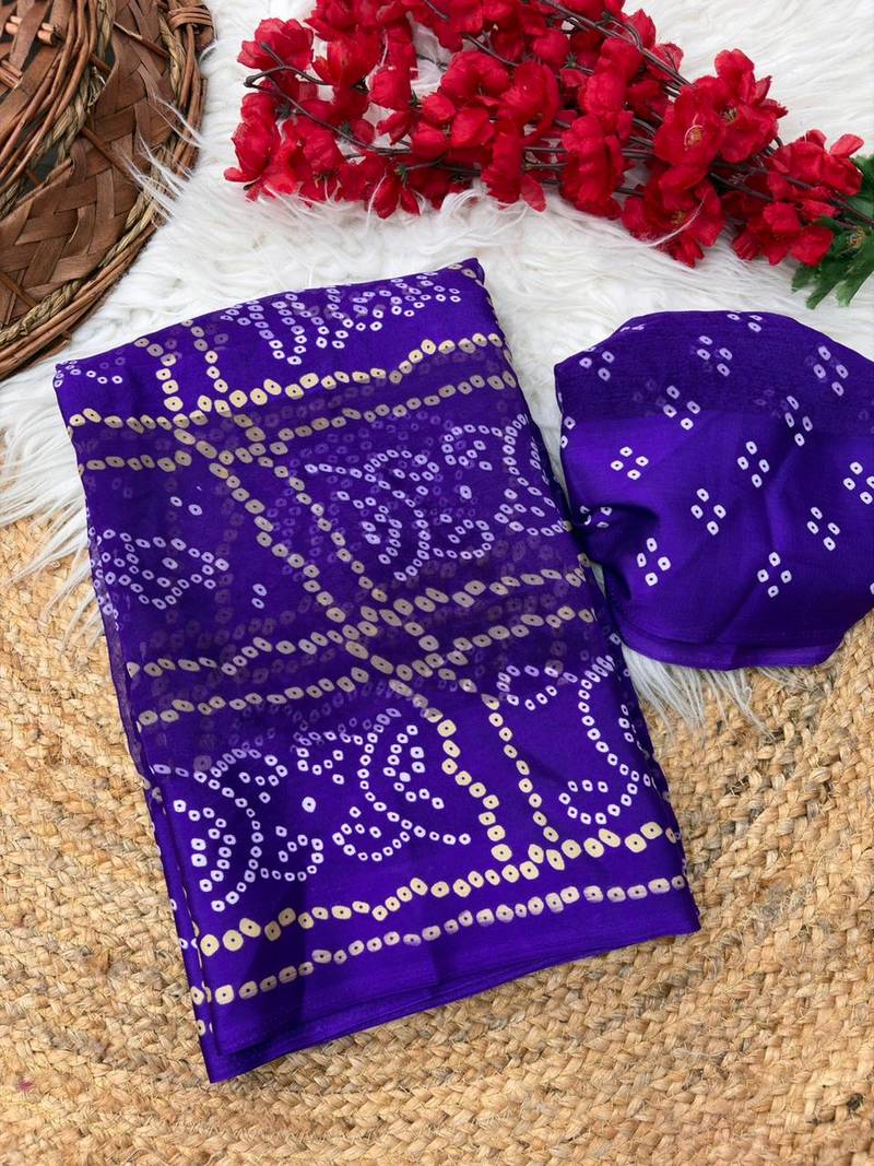 Purple bandhani printed satin patta ethnic saree with blouse