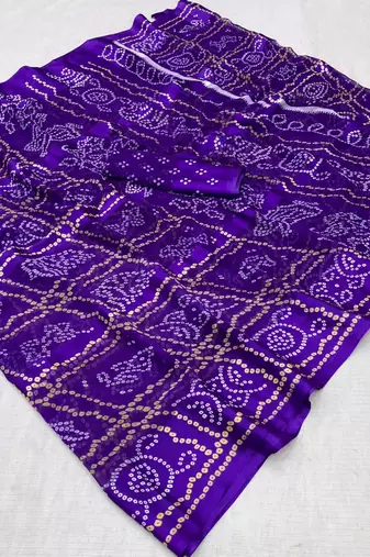 Purple bandhani printed satin patta ethnic saree with blouse