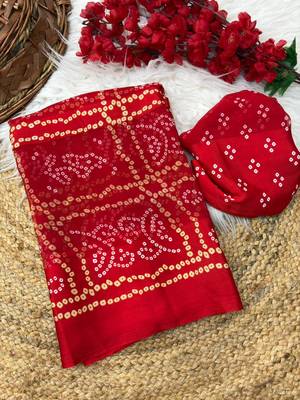 Red bandhani printed satin patta traditional saree with blouse 1