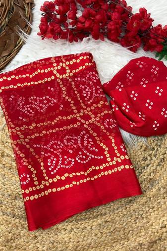 Red bandhani printed satin patta traditional saree with blouse