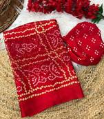 Red bandhani printed satin patta traditional saree with blouse