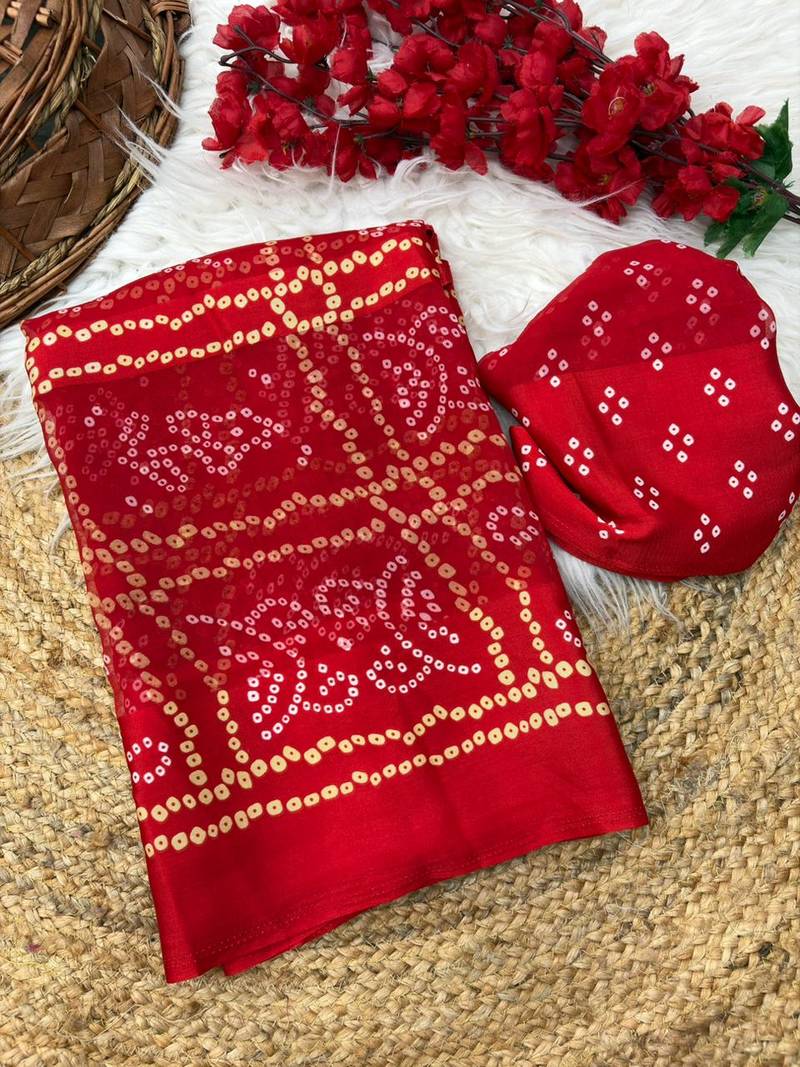 Red bandhani printed satin patta traditional saree with blouse