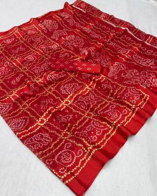 Red bandhani printed satin patta traditional saree with blouse 2