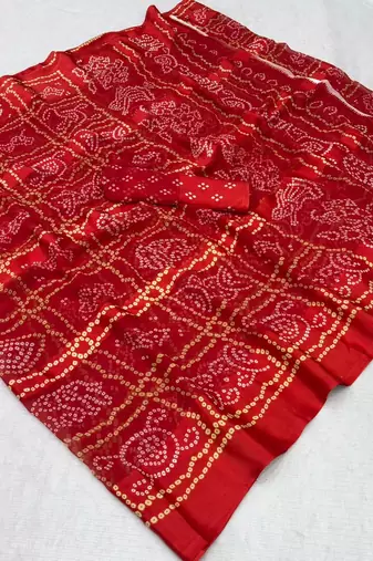 Red bandhani printed satin patta traditional saree with blouse