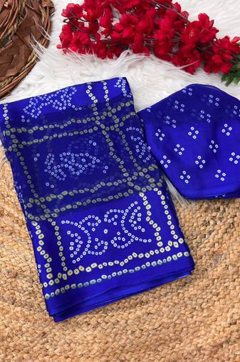 Royal blue bandhani print satin patta festive saree with blouse