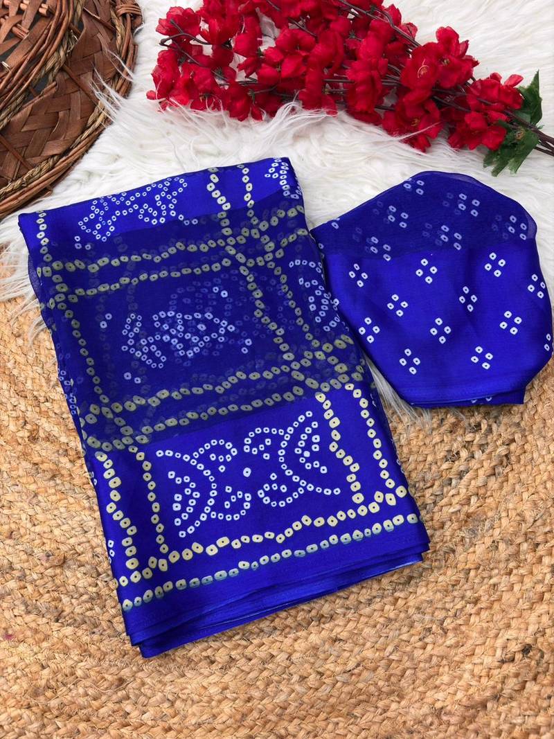 Royal blue bandhani print satin patta festive saree with blouse