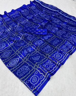 Royal blue bandhani print satin patta festive saree with blouse 2