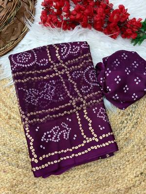 Wine bandhani print satin patta party wear saree with blouse 1