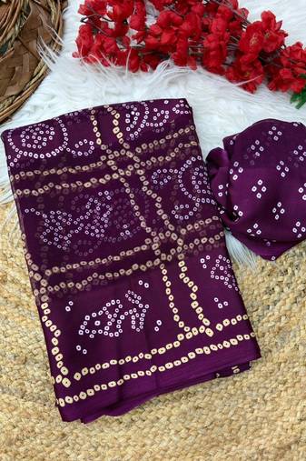 Wine bandhani print satin patta party wear saree with blouse