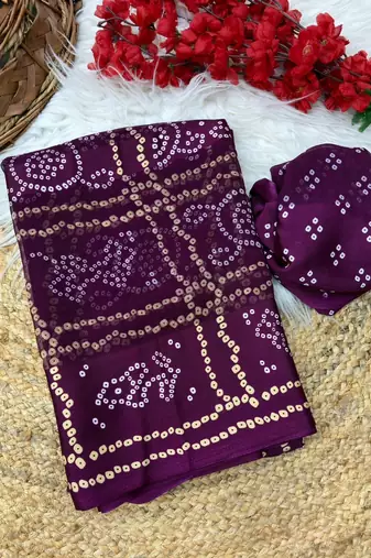 Wine bandhani print satin patta party wear saree with blouse