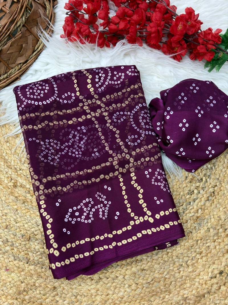 Wine bandhani print satin patta party wear saree with blouse