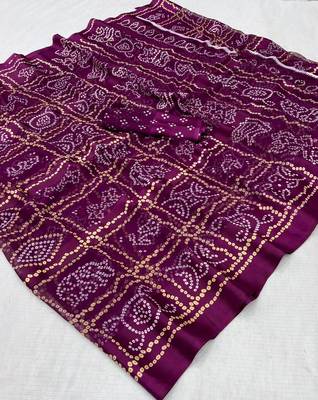 Wine bandhani print satin patta party wear saree with blouse 2