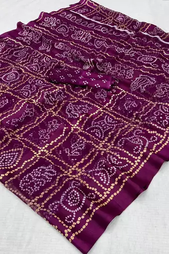 Wine bandhani print satin patta party wear saree with blouse