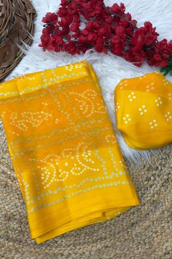 Yellow bandhani print satin patta casual saree with blouse