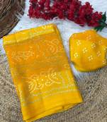 Yellow bandhani print satin patta casual saree with blouse