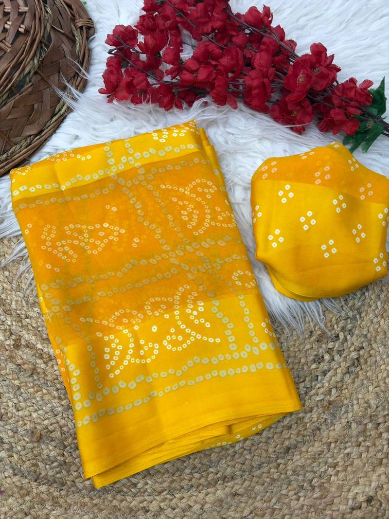 Yellow bandhani print satin patta casual saree with blouse