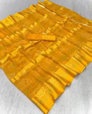 Yellow bandhani print satin patta casual saree with blouse 2